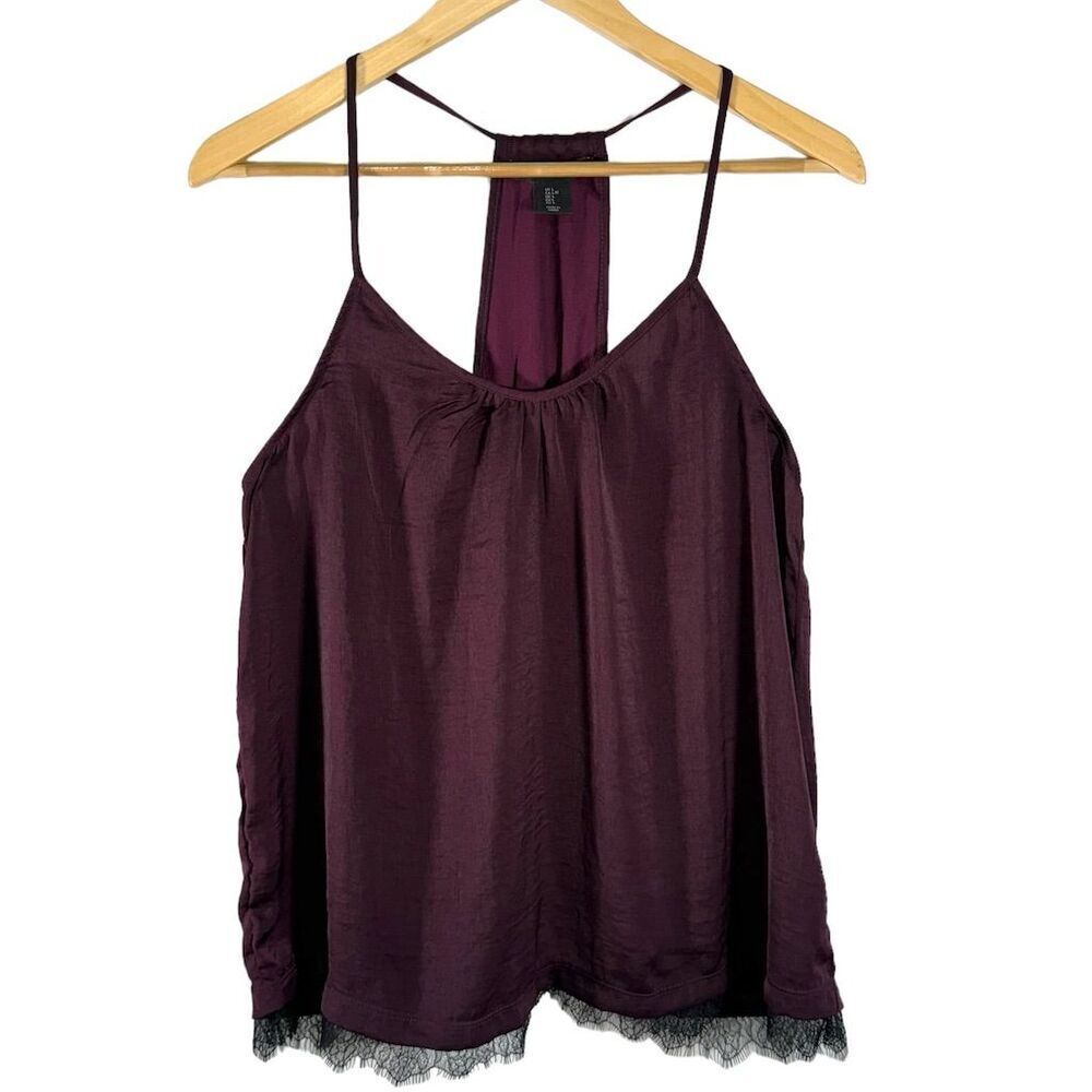 Tahari Purple Women's Satin Scoop Neck Sleep Tank Top Size Large Sleeveless Lace
